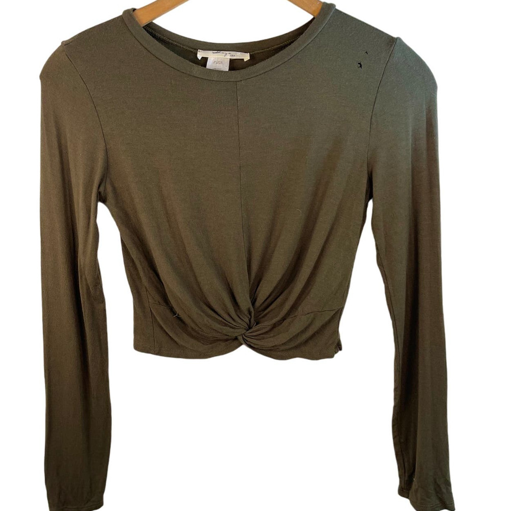 Olive Green Long Sleeve Crop Top Body Hugging Stretchy Size XS Y2K Boho Western